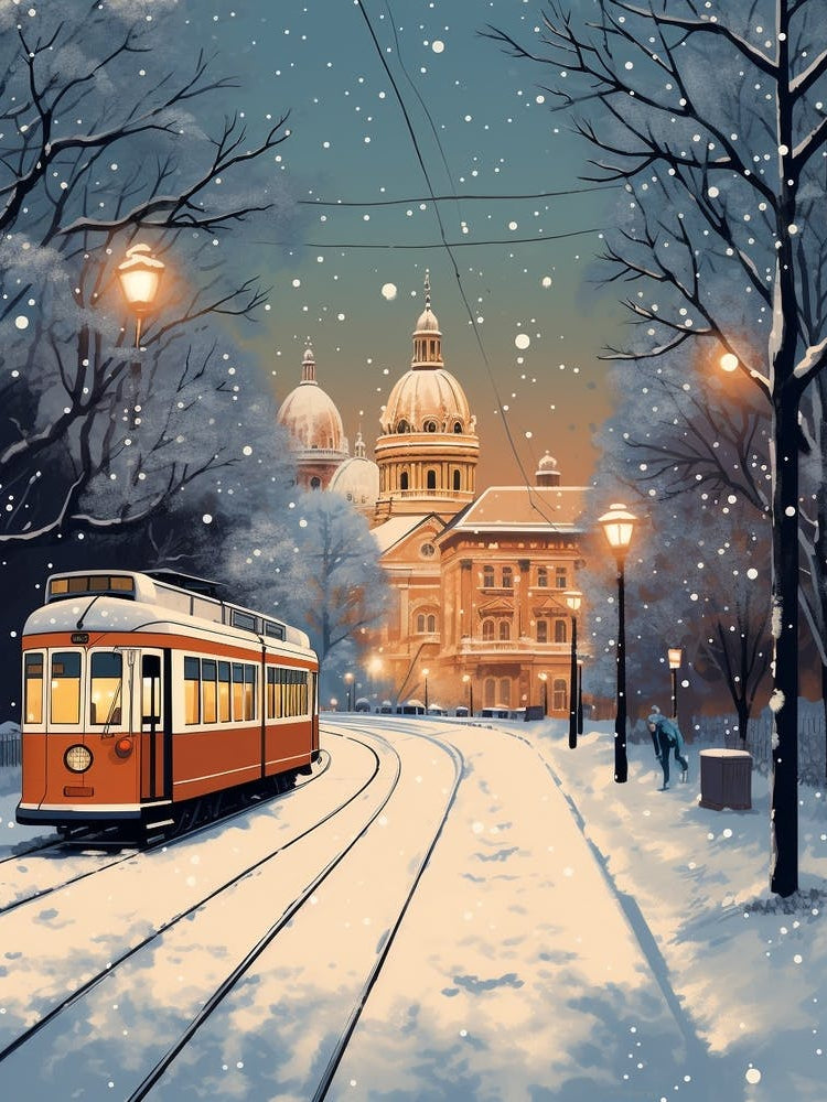 Winter Travel Night Illustration Budapest Hungary 2
