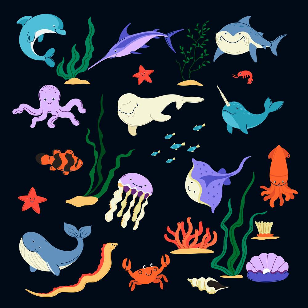 Underwater Sea World Characters Fauna And Flora