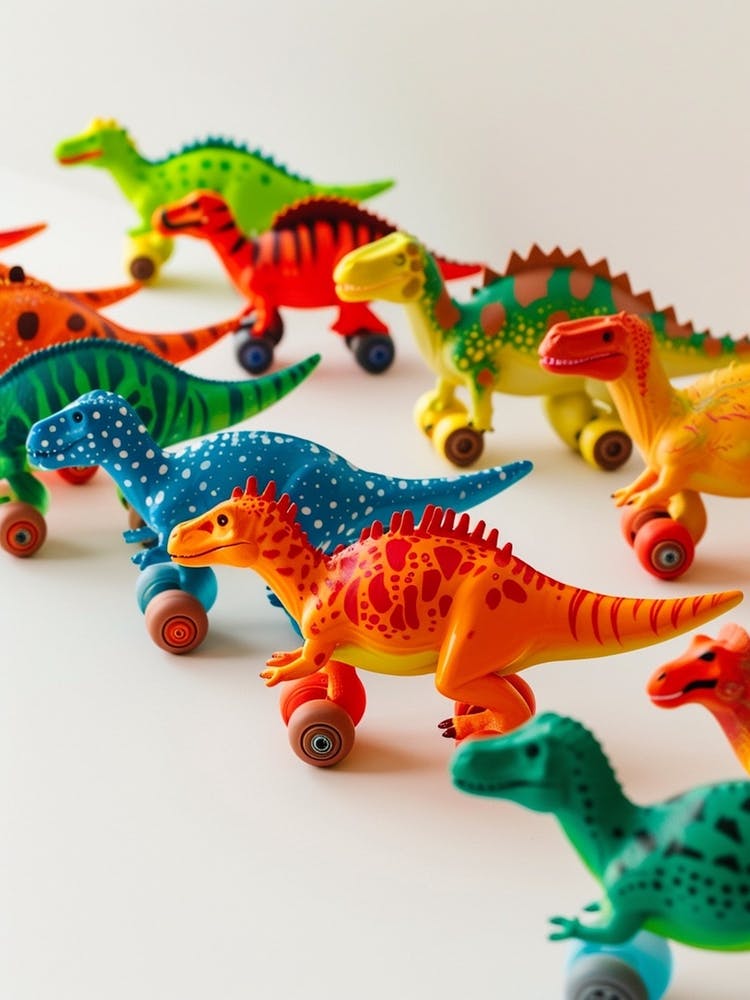 Farbenfrohes Spielzeug-Dinosaurier-Rollschuhrennen