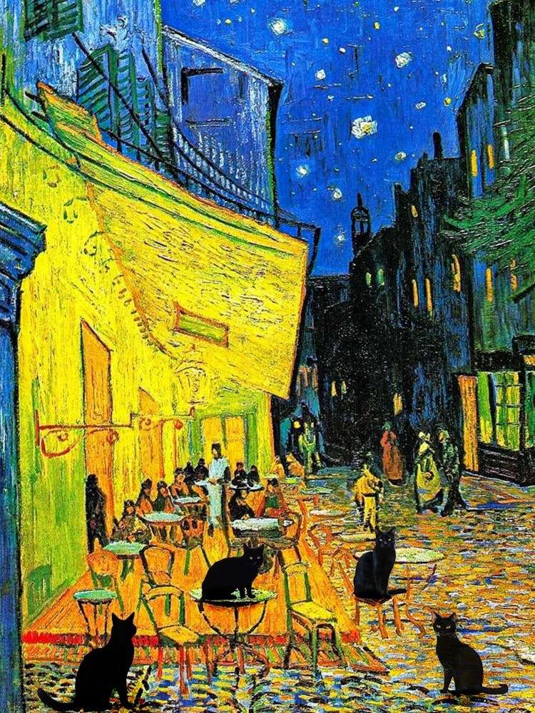 Café Cats at Night - Vincent Van Gogh Café Terrace at Night 1888 Funny Black Cats Famous Art Kitsch Vintage Art With Added Black Cat in HD