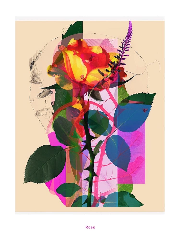 Rose 5 Neon Flower Collage Poster