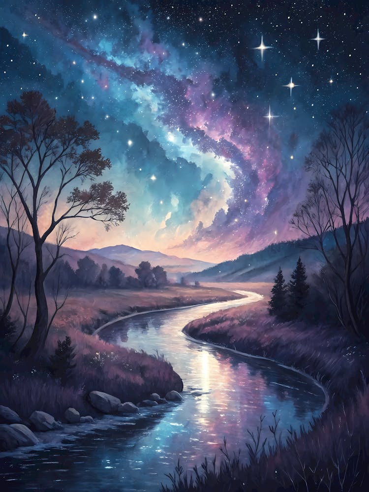Enchanted River of Stars Milky Way Galaxy Landscape with Cosmic Reflections oil painting