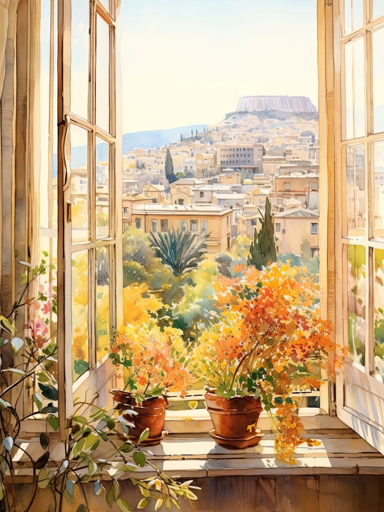 Window View Of  Athens Greece In Autumn Fall, Watercolour 2