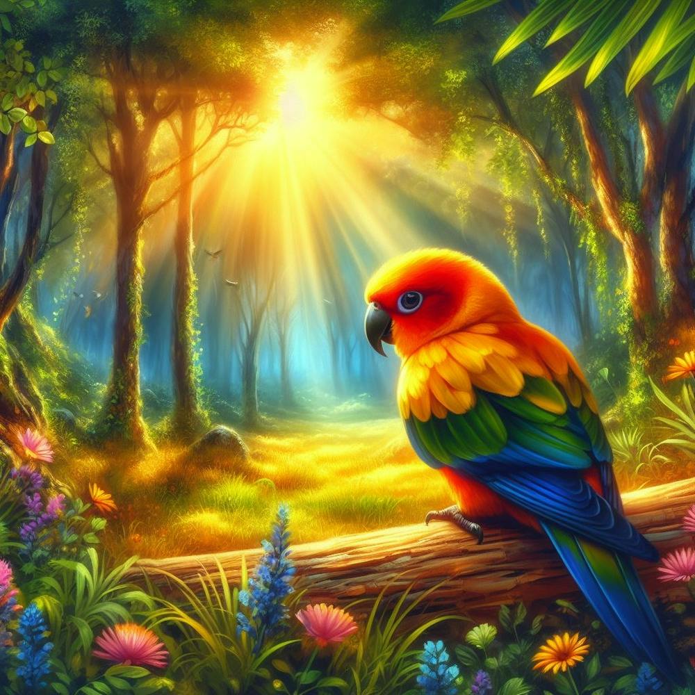Sun Conure in Beautiful Forest
