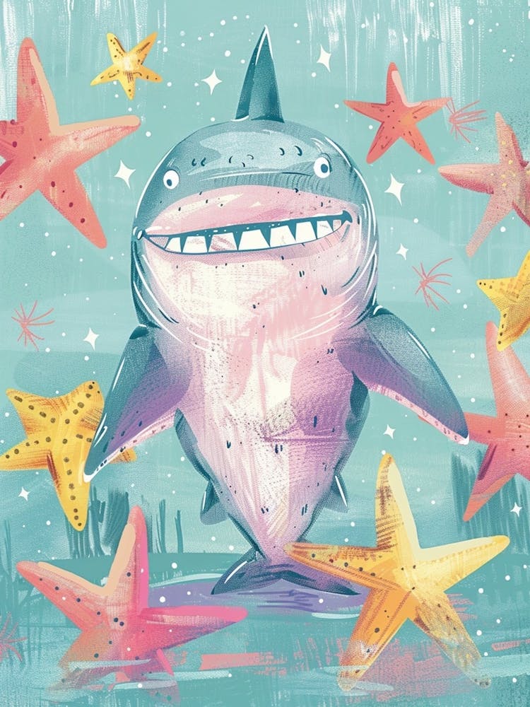 Blue Storybook Style Shark With Starfish 1