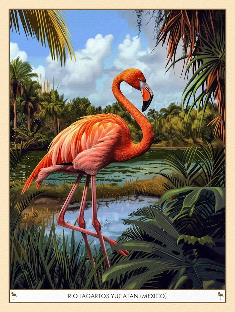 Greater Flamingo Rio Lagartos Yucatan Mexico Tropical Illustration 2 Poster