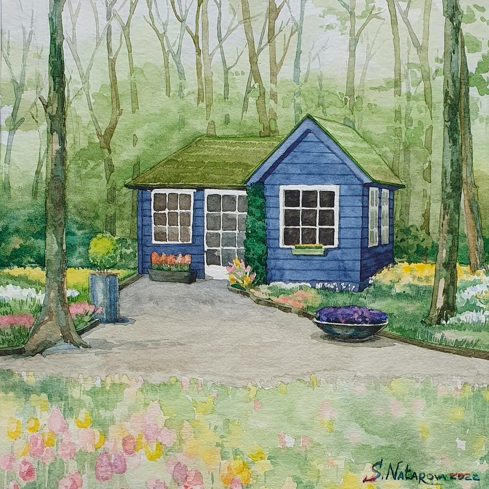 Watercolor Landscape House In Tulips Square