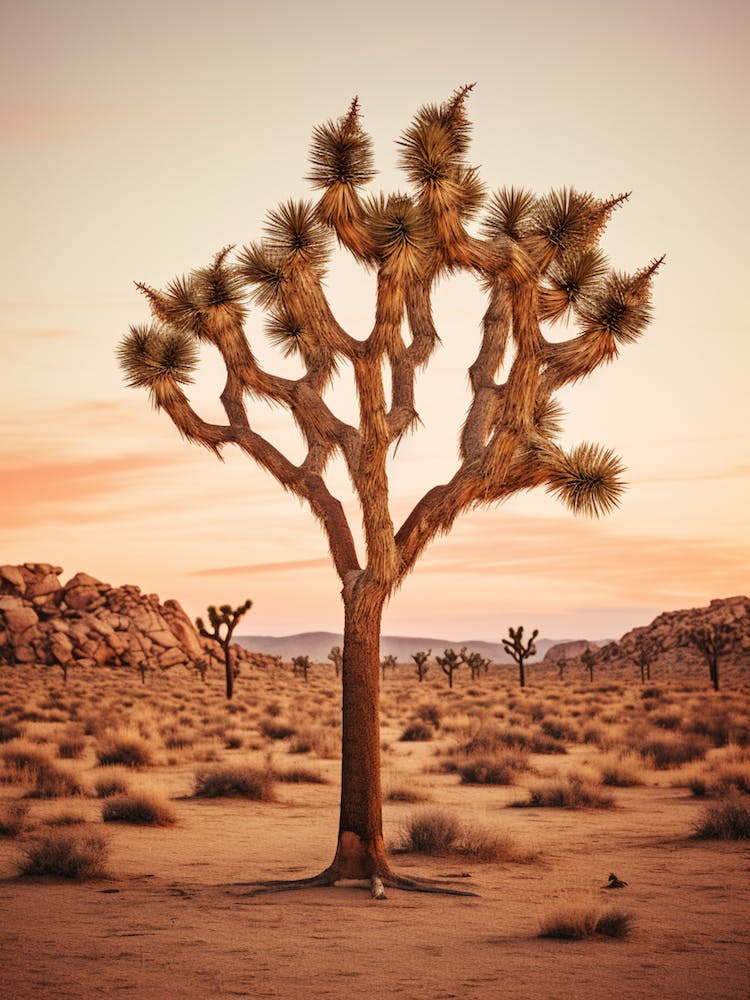 Photograph Of A Joshua Tree At Dusk  In A Sandy Desert 4