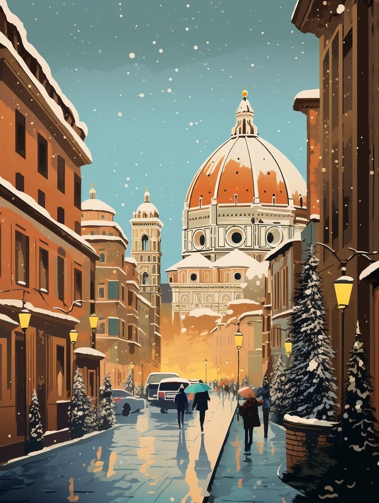 Winter Travel Night Illustration Florence Italy 2