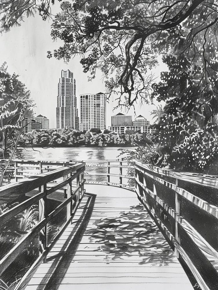Lady Bird Lake And The Boardwalk Austin Texas Black And White Drawing 2