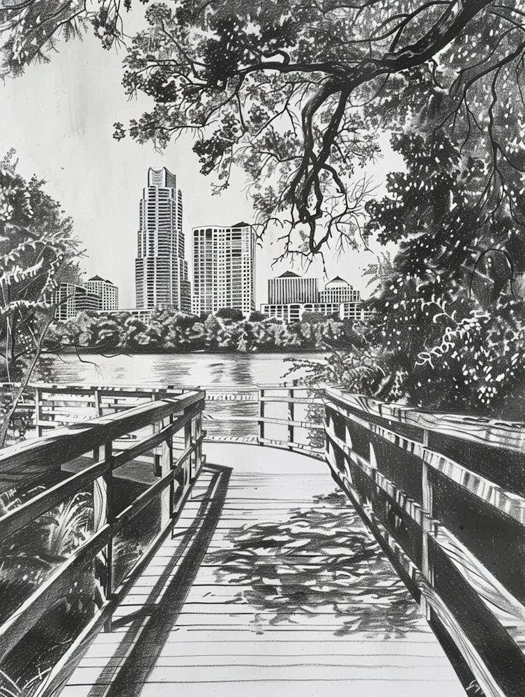 Lady Bird Lake And The Boardwalk Austin Texas Black And White Drawing 2