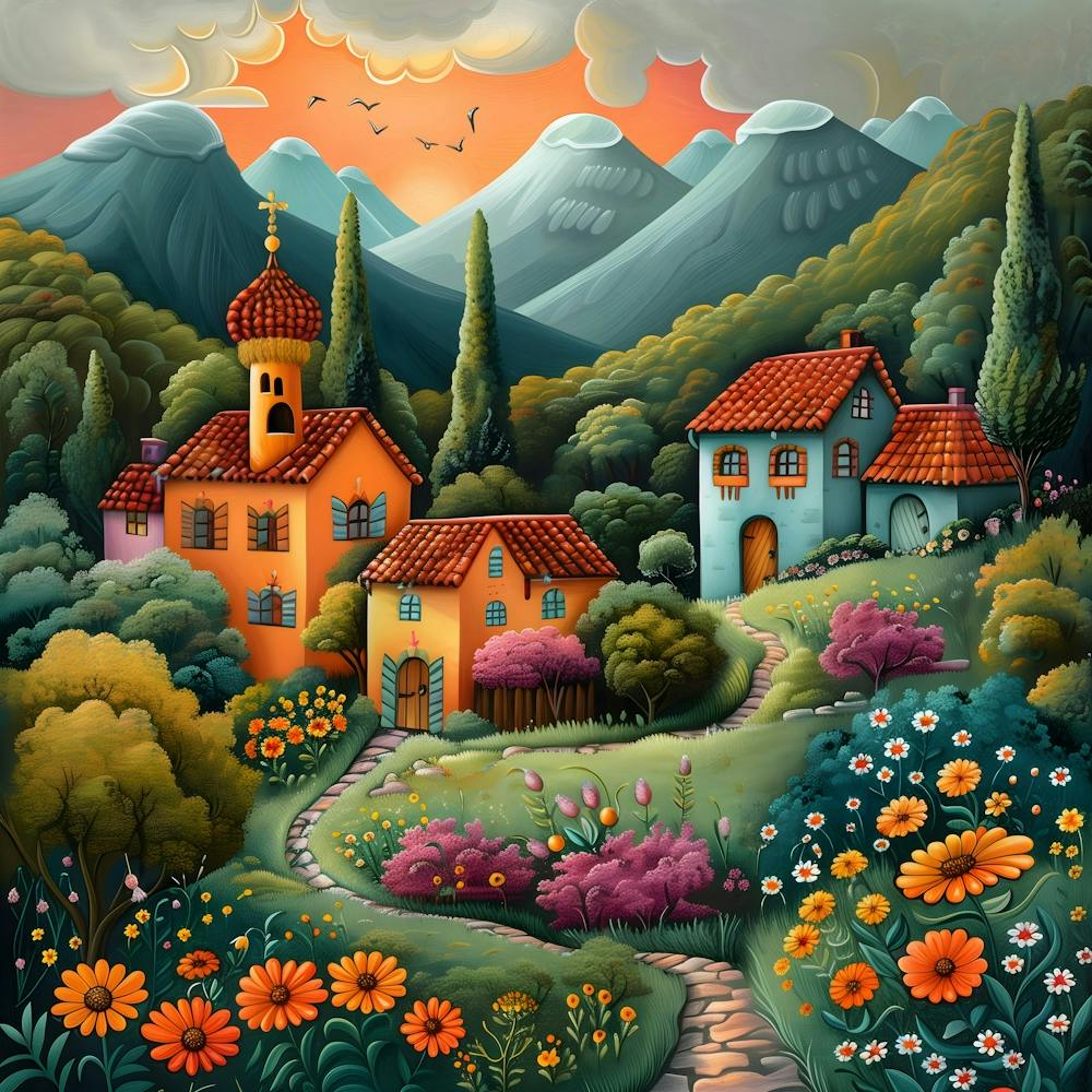 Village In The Mountains, Naive, Whimsical, Folk