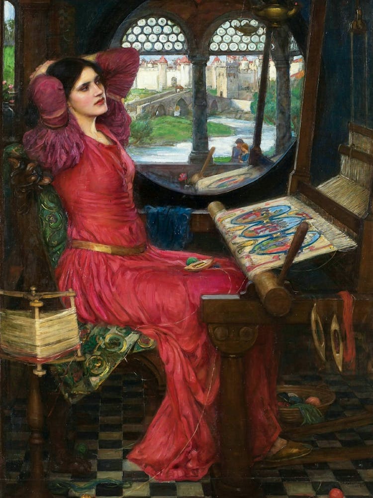 I am Half Sick of Shadows Said the Lady of Shalott - John William Waterhouse Remastered High Definition Lady of the Lake in Red Dress by the Window in a Sewing Room - Waterhouse's Dreamy Mythological Pagan Witchy Arthurian Legend