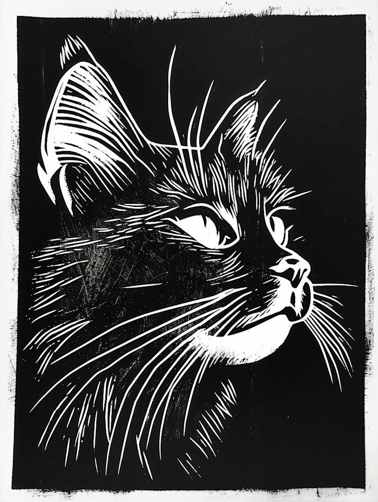 Norwegian Forest Cat Linocut Blockprint 3