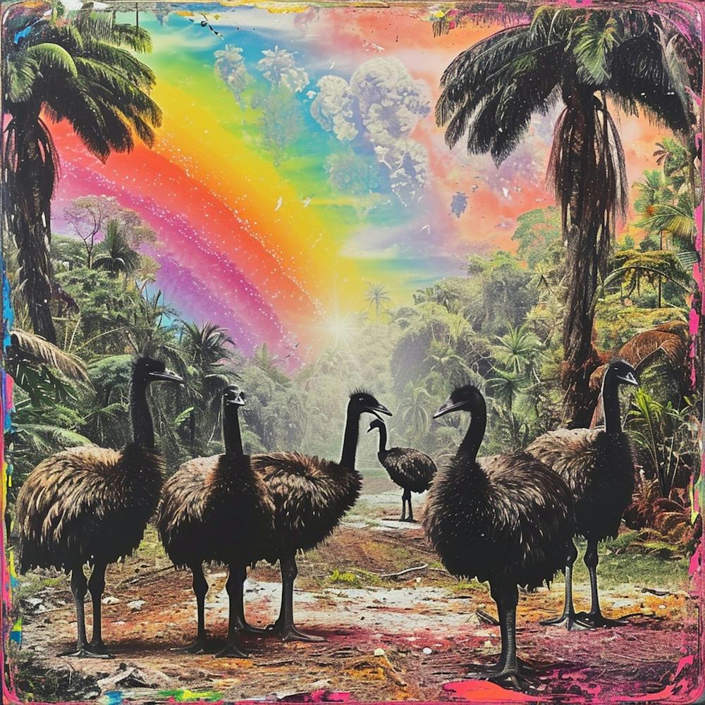 Rainbow Retro Ostrich Collage 1