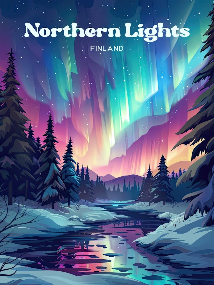 Northern Lights Finland Green Lights Digital Travel Art