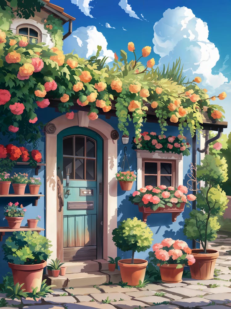 Anime Canvas Art: Rustic House with Lush Potted Flowers, Blue Facade, and Wooden Door, Perfect for Lofi Aesthetic and Botanical Art Lovers.