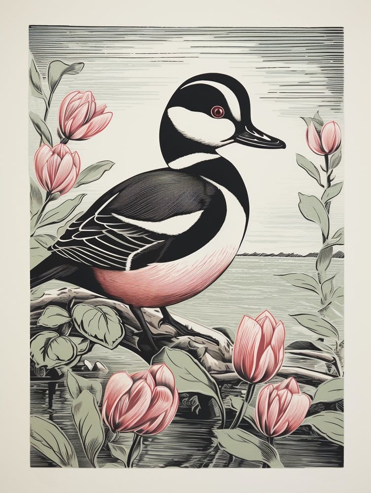 Vintage Bird Linocut Bufflehead 2