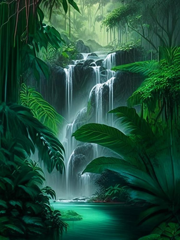 Waterfalls In A Jungle Waterscape Crayon 3
