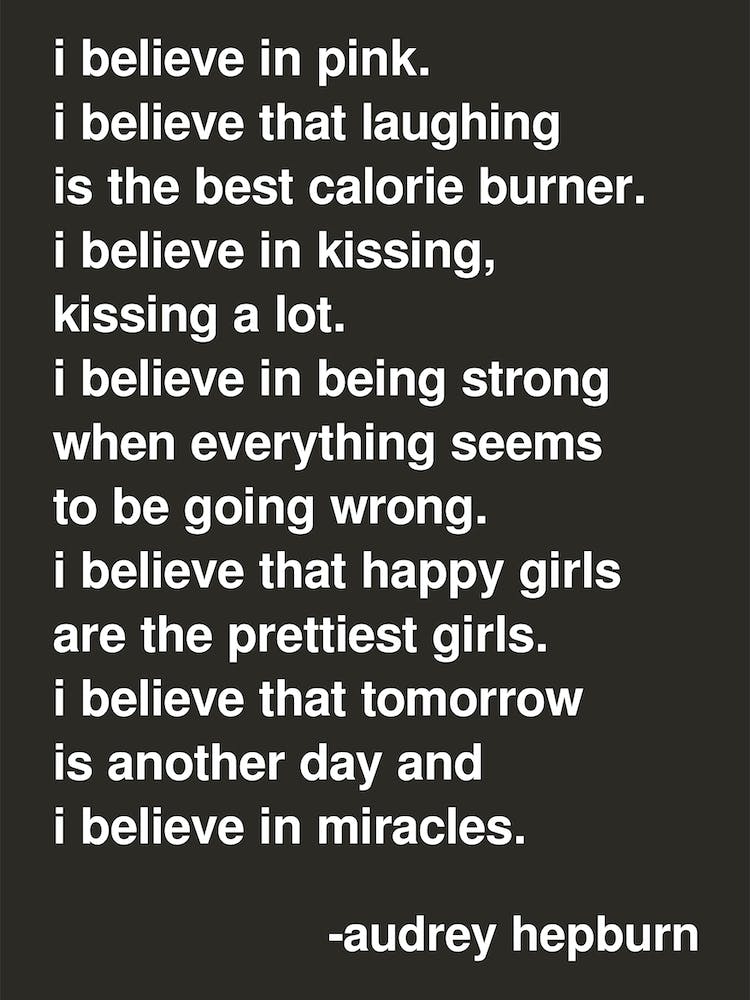 I Believe In Pink Audrey Hepburn Quote Statement In Black