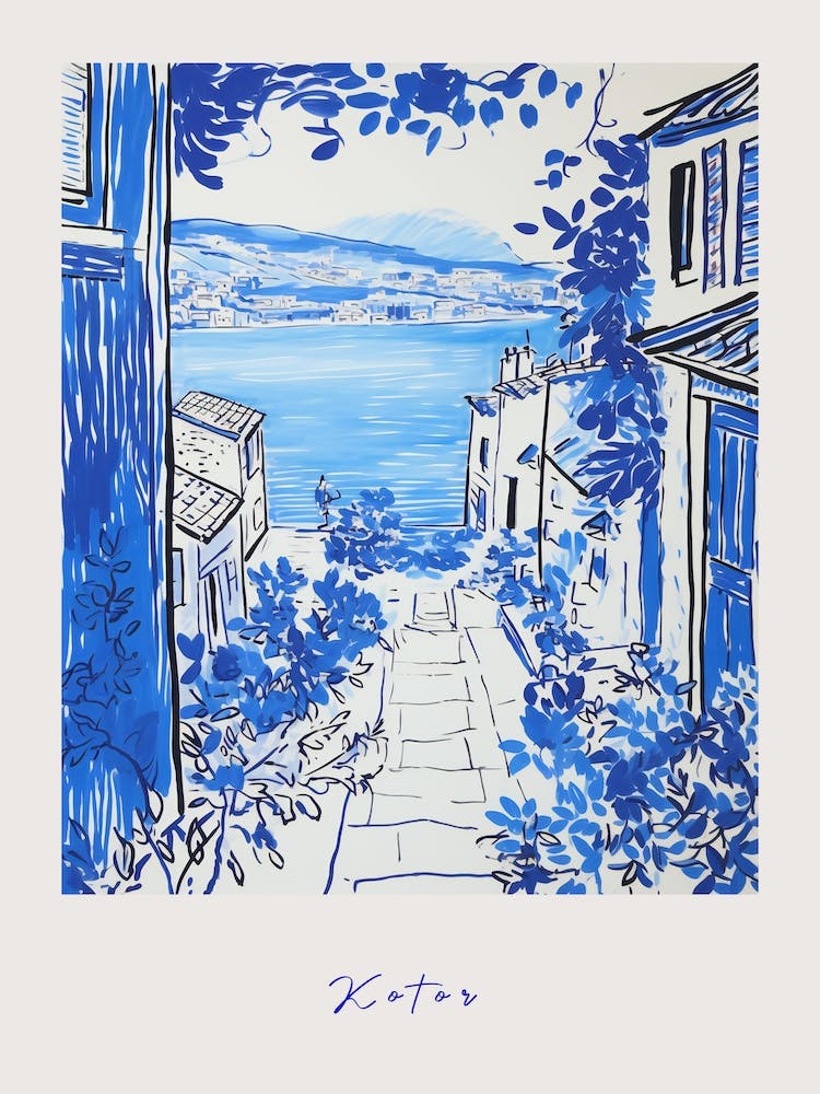 Kotor Montenegro 2 Mediterranean Blue Drawing Poster