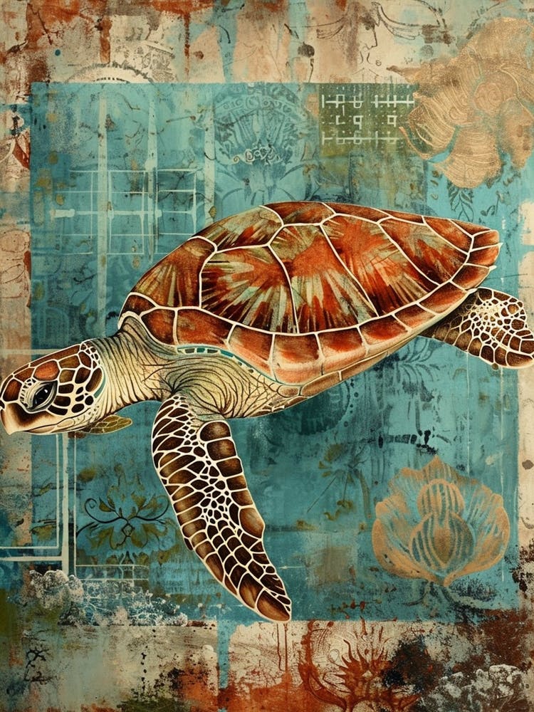 Scrapbook Inspired Blue & Brown Sea Turtle