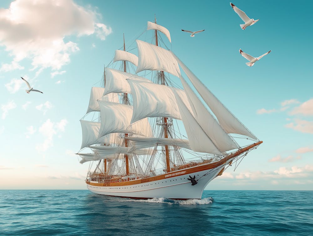 Sailing Ship With Billowing White Sails Floating On The Open Ocean