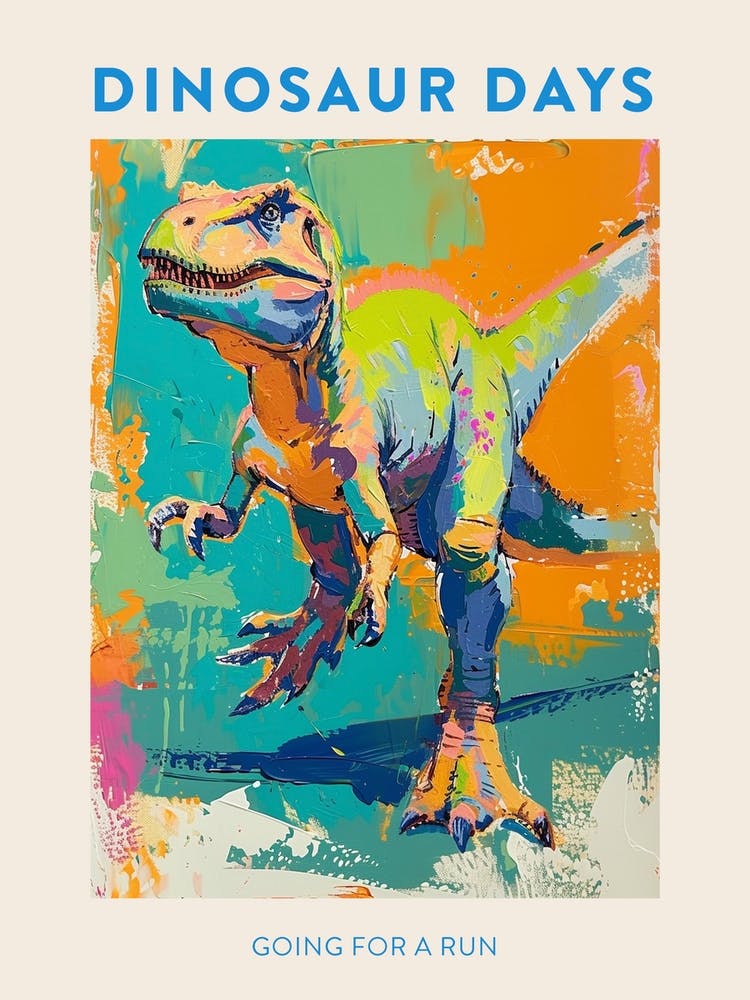 Dinosaur Going For A Run Blue Green Orange Poster