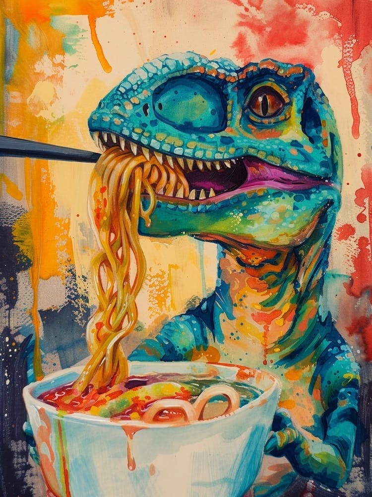 Dinosaur Eating Ramen Blue Brushstroke 3