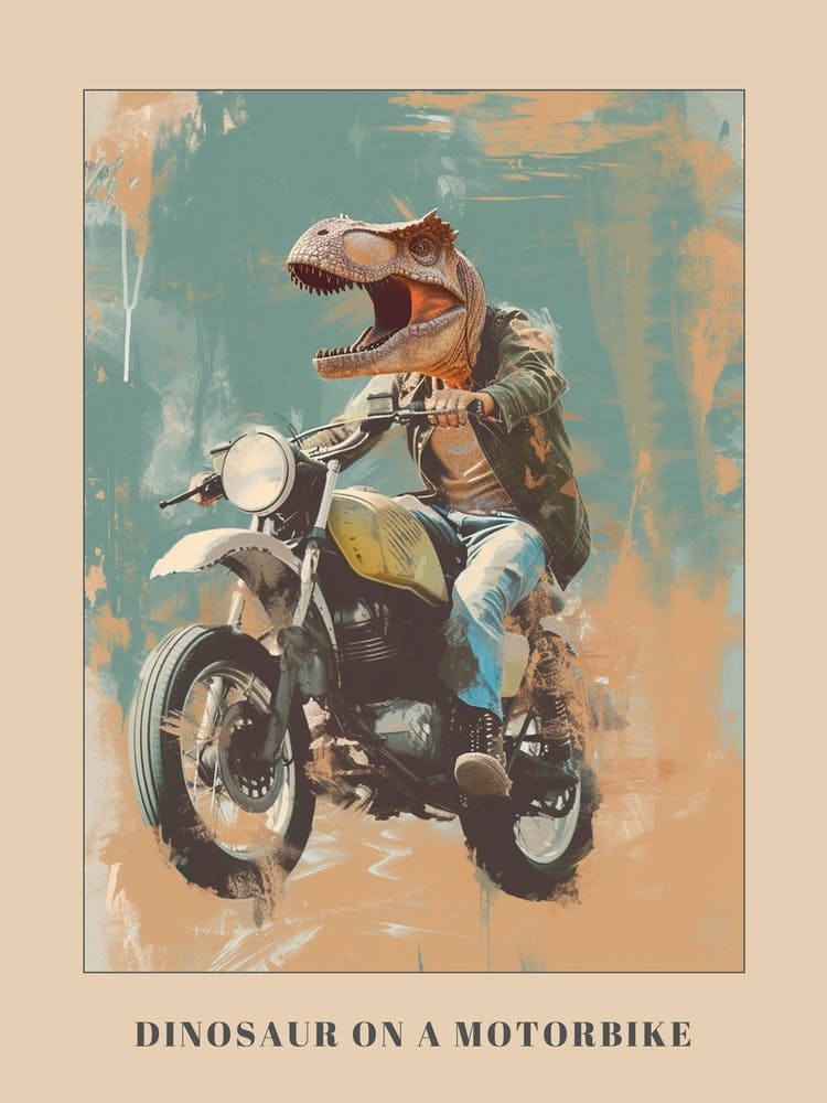 Dinosaur Portrait On A Motorbike Poster