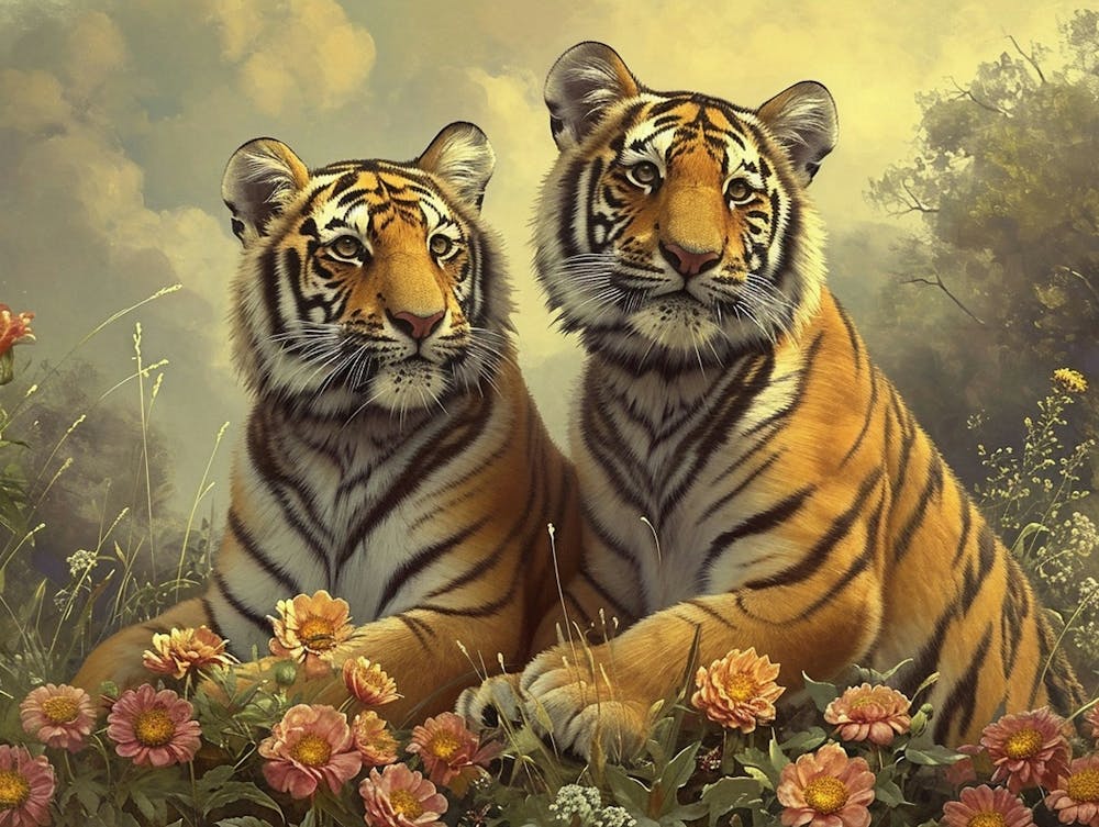 Floral Animal Illustration Siberian Tiger 2