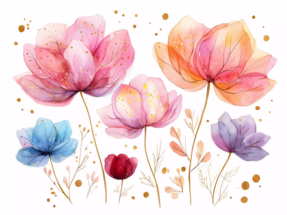 Whimsical Watercolor Floral Illustration With Golden Accents (1)