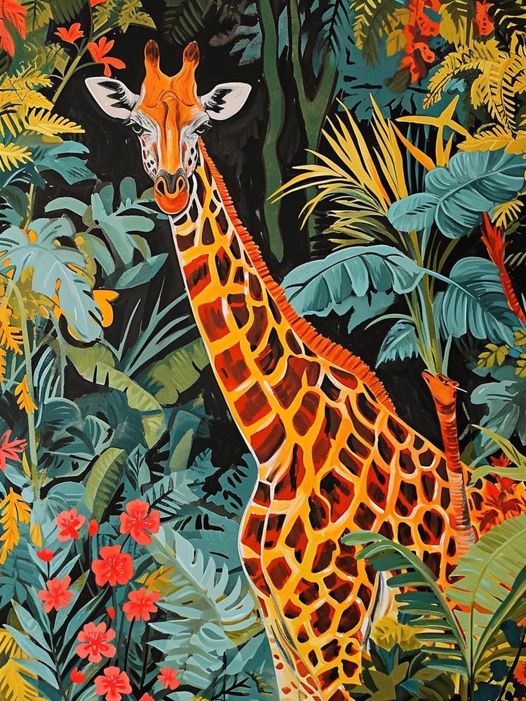 Colourful Giraffe In The Leaves Illustration 2