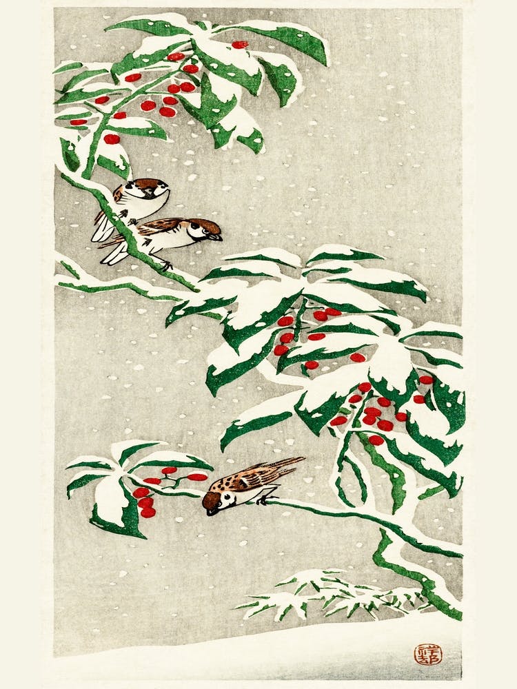 Sparrows On Snowy Berry Bush (1900 1945), Ohara Koson