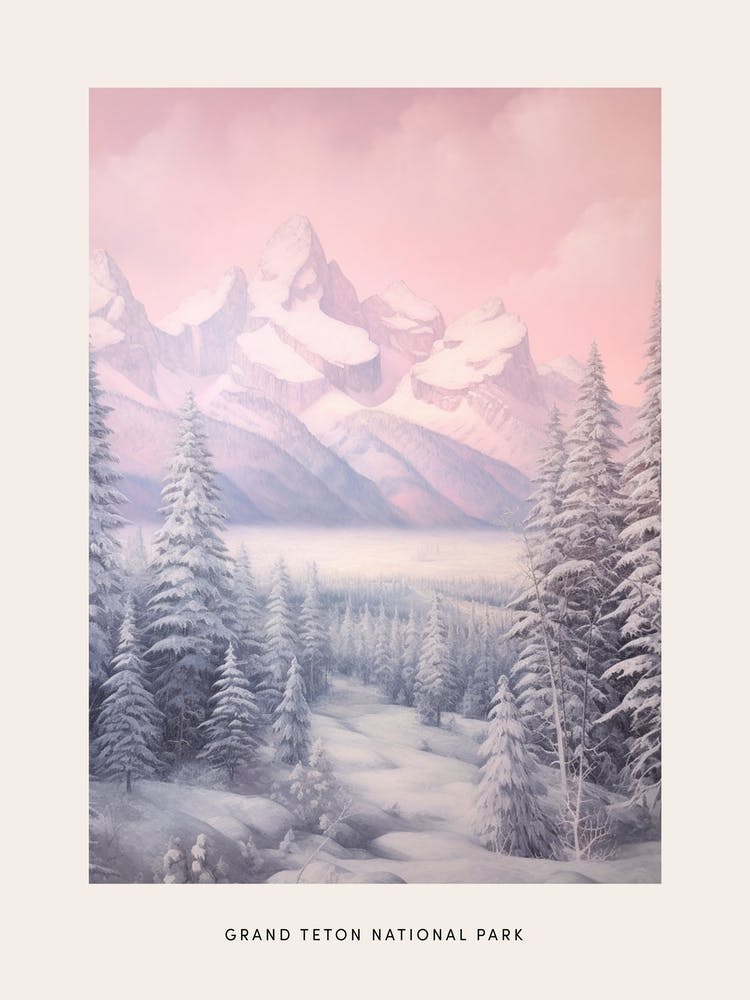 Affiche de parc national hivernal onirique Grand Teton National Park États-Unis 1