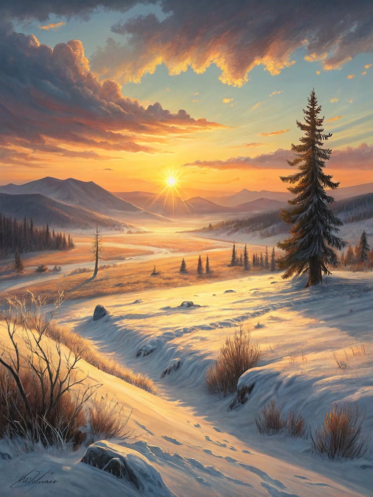 Oil Painting Style Low Sun Over Cold Tundra Lands