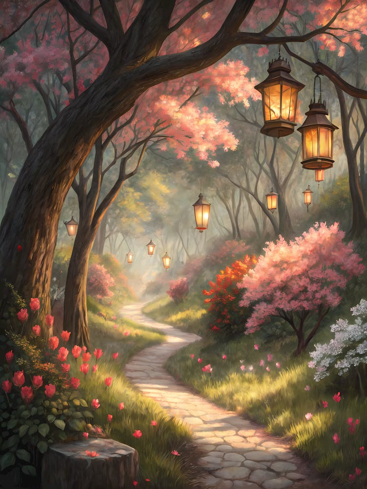 Oil Painting Style Enchanted Forest Path Cherry Blossoms & Lanterns