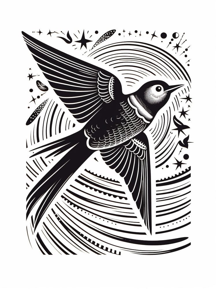 B&W Bird Linocut Swallow 1