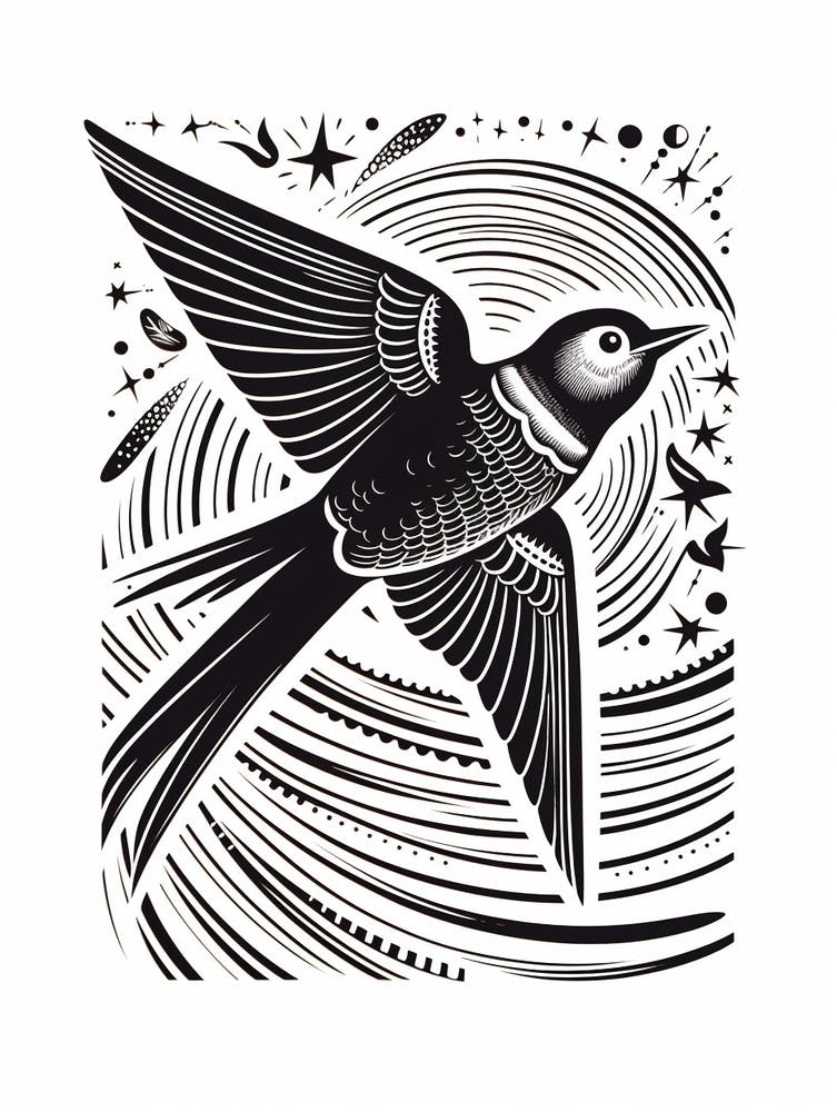 B&W Bird Linocut Swallow 1