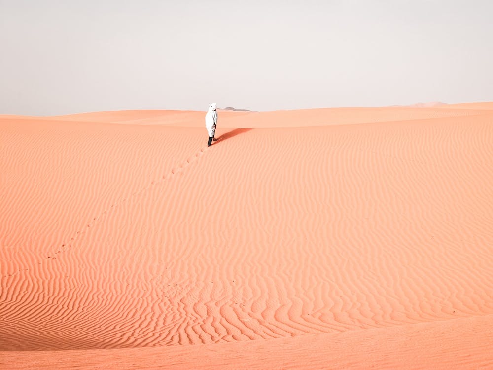 Hiking Through Rippled Sand Dunes Of Erg Chebbi Morocco