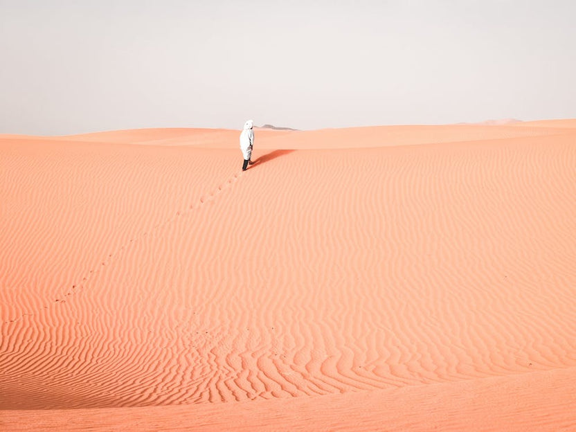 Hiking Through Rippled Sand Dunes Of Erg Chebbi Morocco