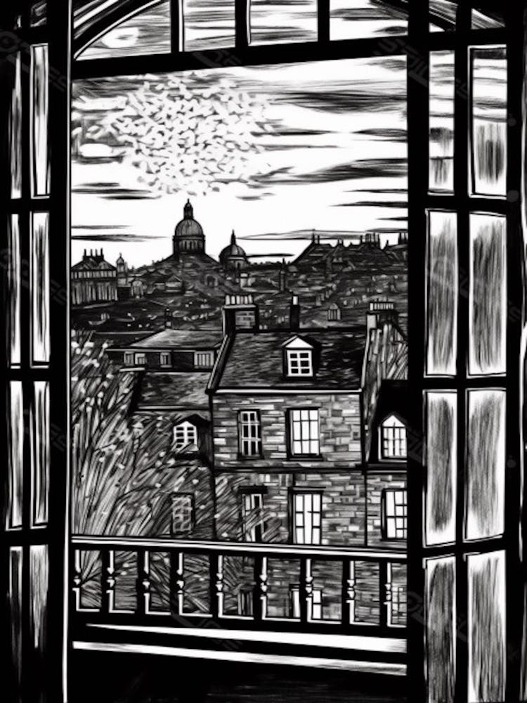 Window View Of Edinburgh Scotland   Black And White Colouring Pages Line Art 4