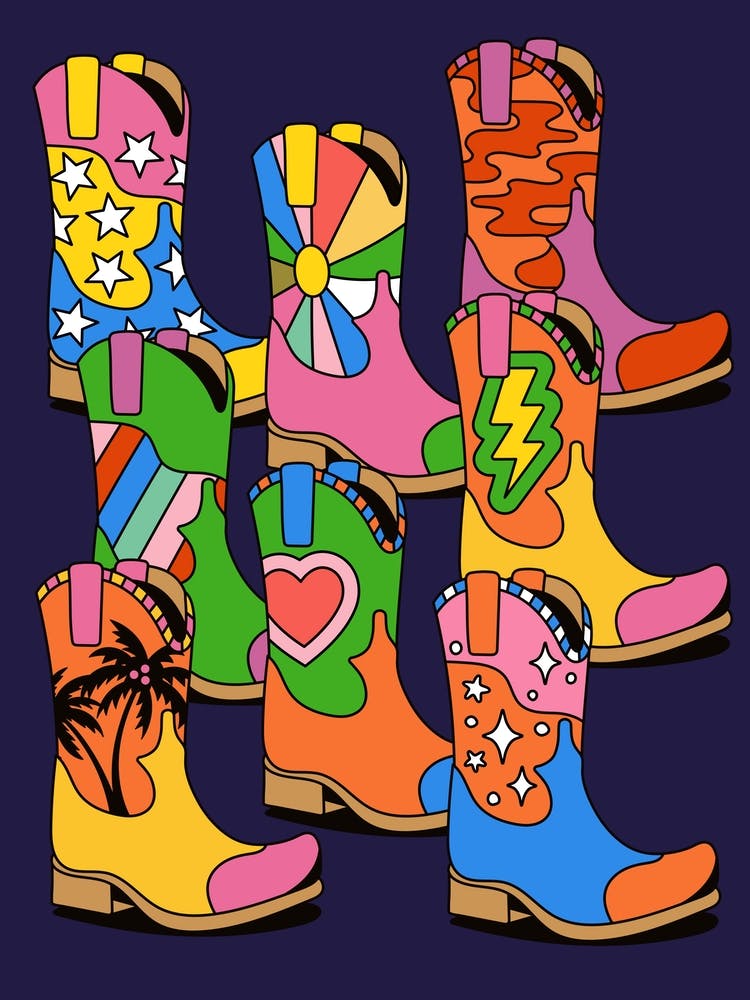 Colorful Psychedelic Pattern Desert Cowgirl Cowboy Western Boots Festival Retro Vintage Style