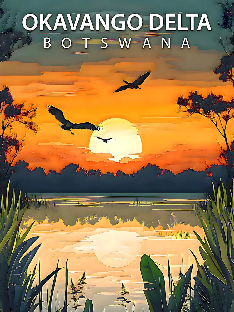 Okavango Delta – Retro Travel Landscape of Botswana’s Sunset Oasis