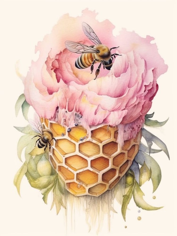 Beehive With Peony Watercolour Illustration 3