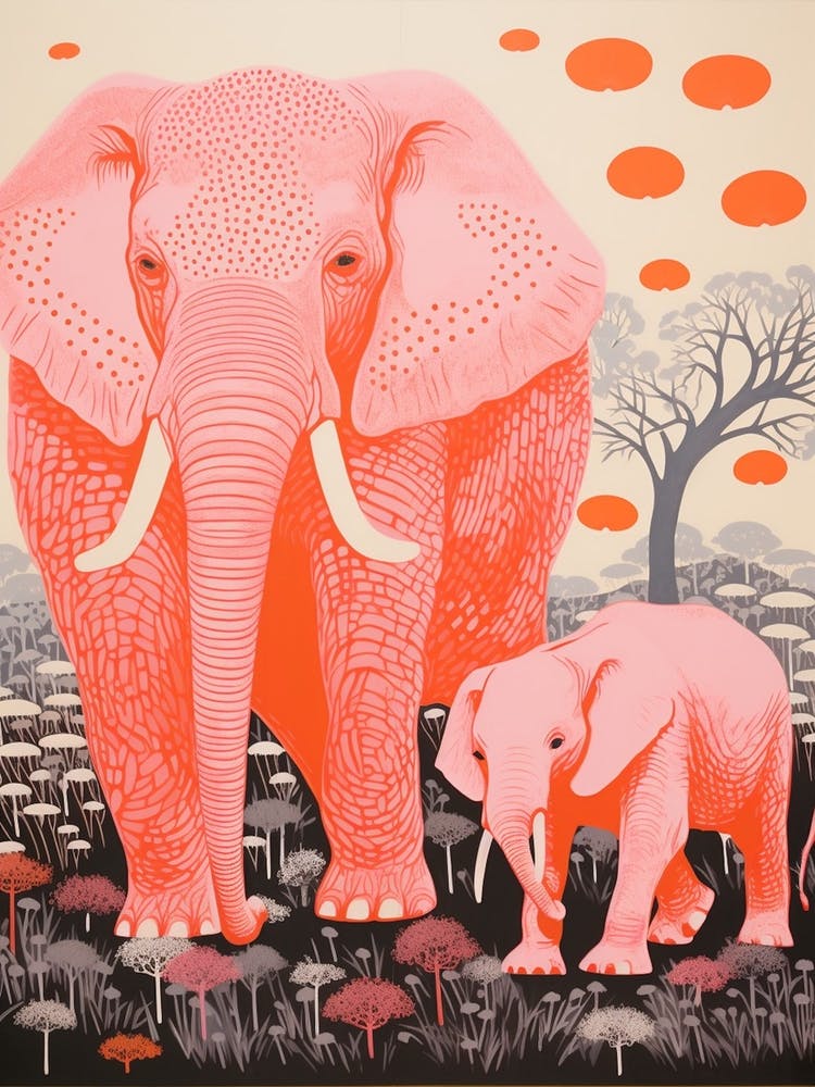 Pink Elephant Linocut Inspired