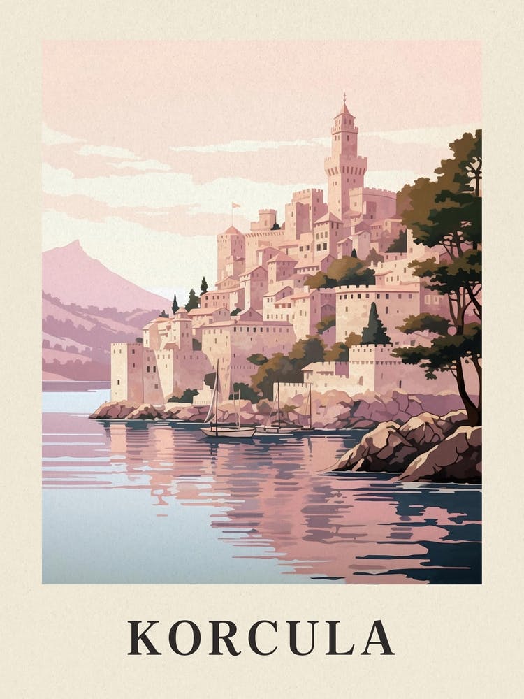 Korcula Croatia 3 Vintage Pink Travel Illustration Poster