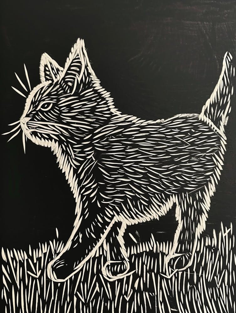 Laperm Cat Linocut Blockprint 3