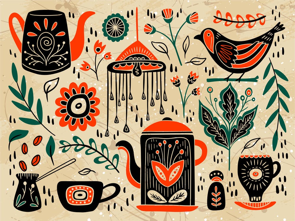 A Set Of Vintage Elements Folk Composition Including Pots Coffee Tea Beans Bird Abstract Flowers And Leaves Organic Abstraction Of Folk Inspired Motifs Rustic Style Of Illustration
