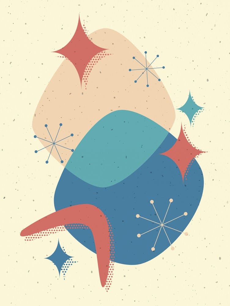 Mid Century Atomic Age Abstract 17 Blue, Teal, Peach, Coral, Yellow